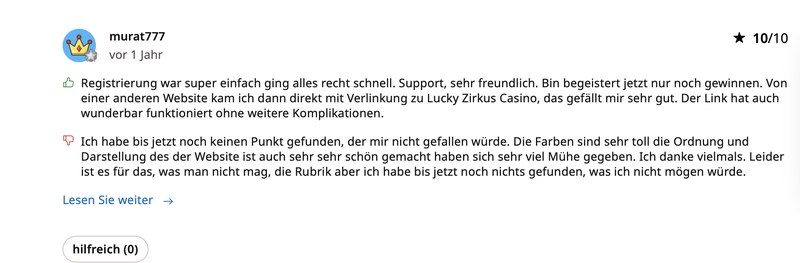 AskGamblers-Bewertung 10 von 10 zu Lucky Circus über einfache Registrierung