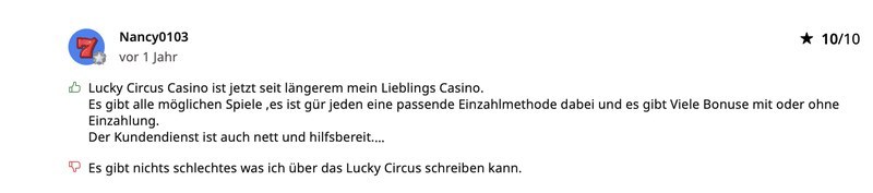 AskGamblers-Bewertung 10 von 10 zu Lucky Circus von Nutzerin Nancy0103
