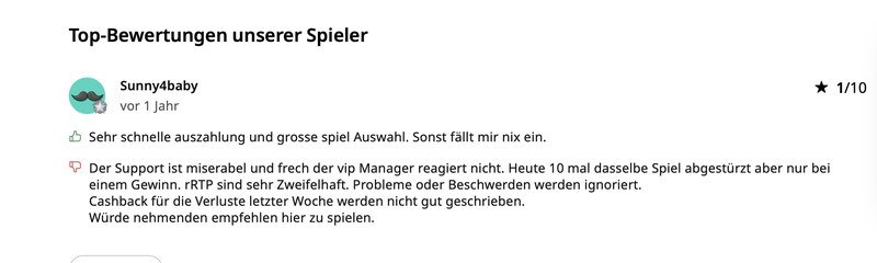 Kritische AskGamblers-Bewertung 1 von 10 zu Lucky Circus mit Kritik an Support und Cashback