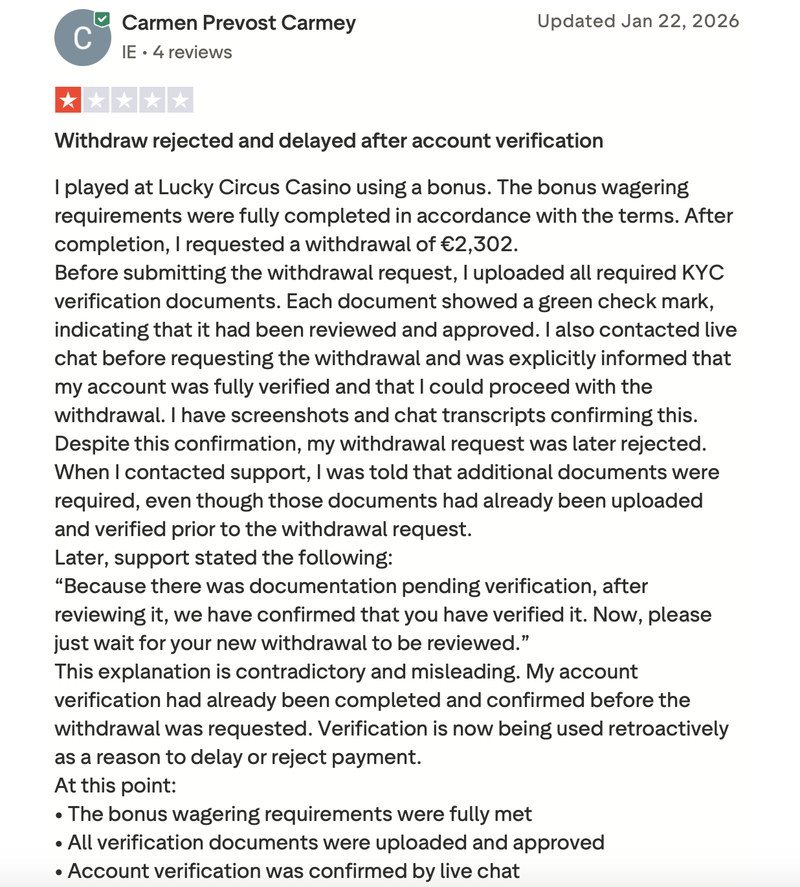 Kritische Trustpilot-Bewertung mit einem Stern zu Lucky Circus wegen abgelehnter Auszahlung nach bestätigter Verifizierung