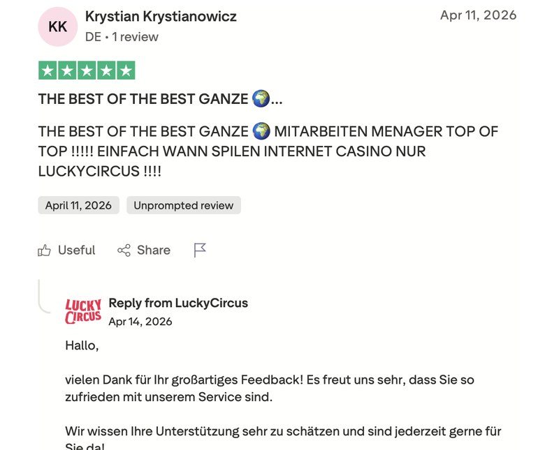 Enthusiastische Trustpilot-Bewertung mit fünf Sternen zu Lucky Circus von Krystian aus Deutschland