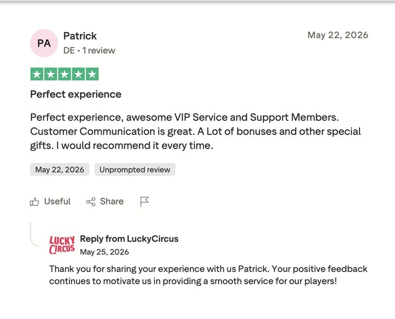 Trustpilot-Bewertung mit fünf Sternen zu Lucky Circus von Patrick aus Deutschland über VIP-Service