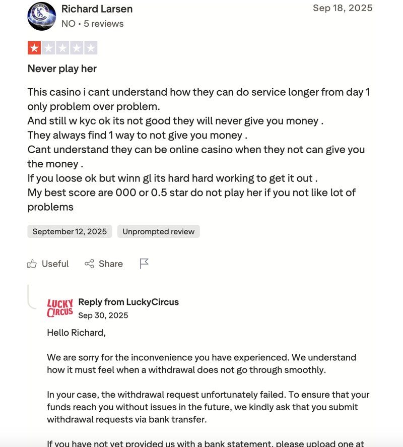 Kritische Trustpilot-Bewertung mit einem Stern zu Lucky Circus wegen Auszahlungsproblemen