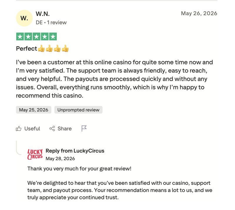Trustpilot-Bewertung mit fünf Sternen zu Lucky Circus von Nutzer W.N. aus Deutschland