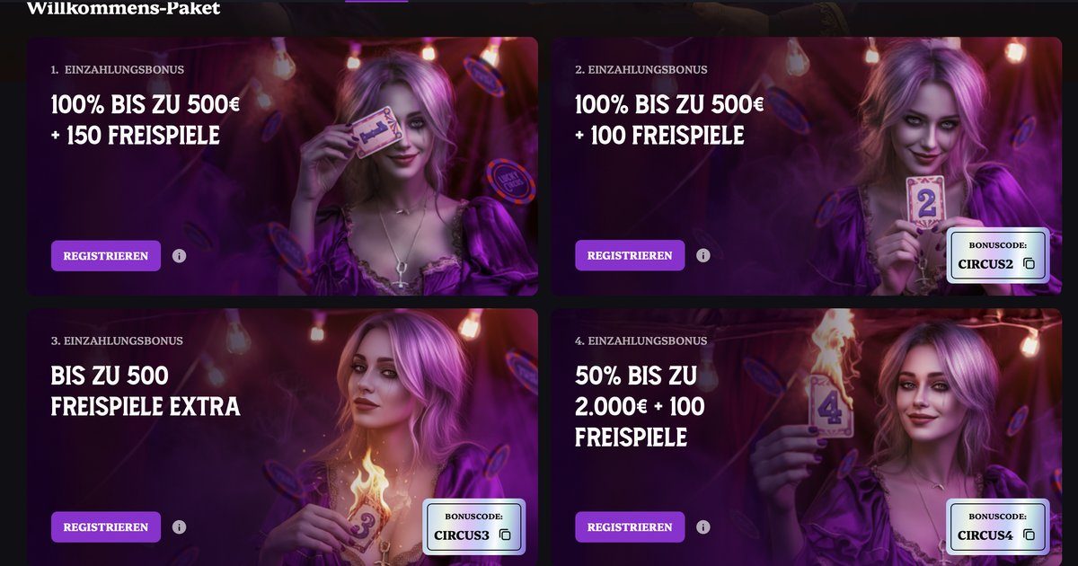 Lucky Circus Willkommenspaket Lucky Circus Willkommenspaket mit vier Einzahlungsboni und Bonuscodes