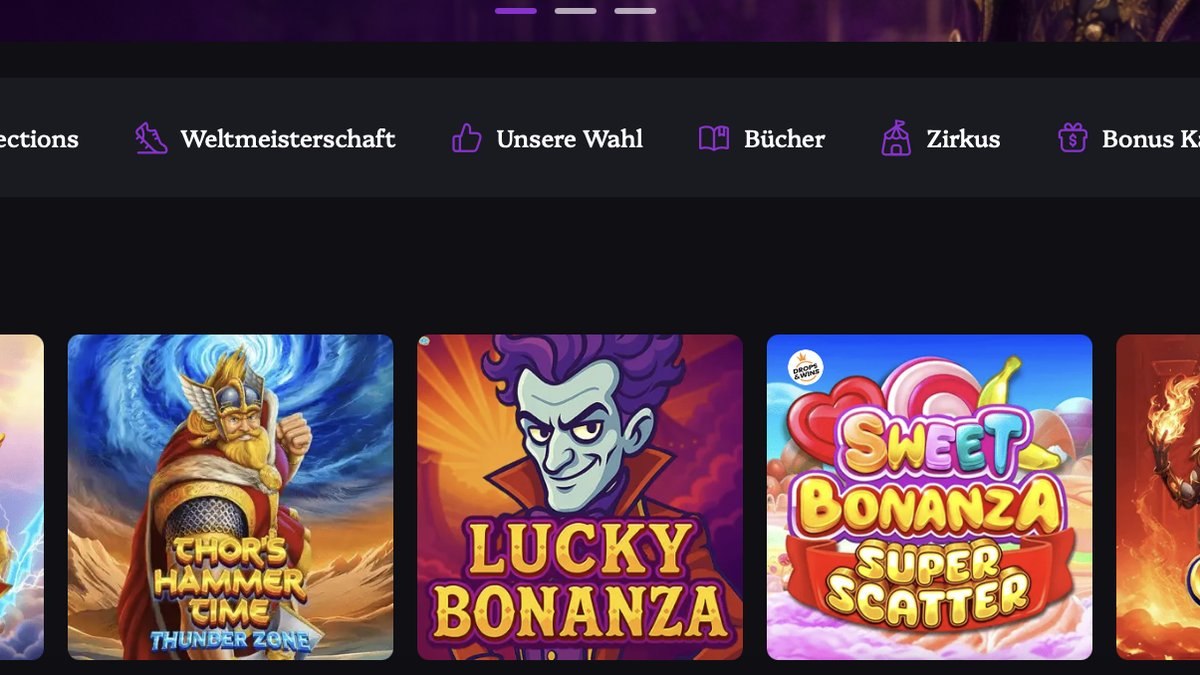 Spielautomaten-Lobby von Lucky Circus mit Kategorien und Anbieter-Filter