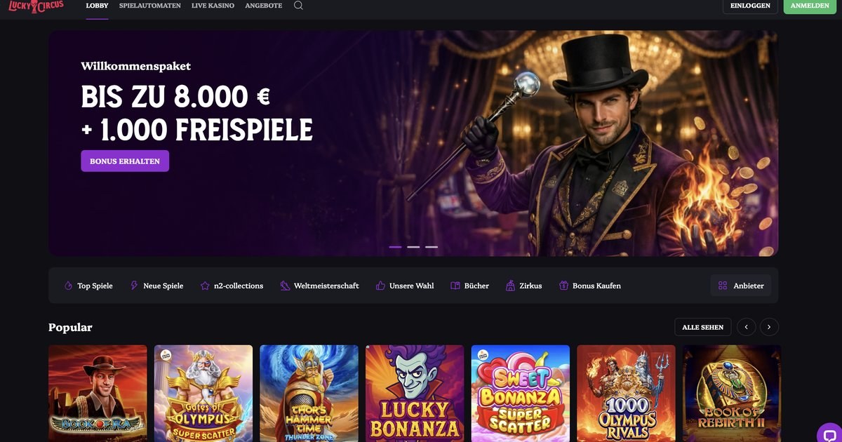 Lucky Circus Casino Startseite mit Willkommenspaket und Spieleauswahl