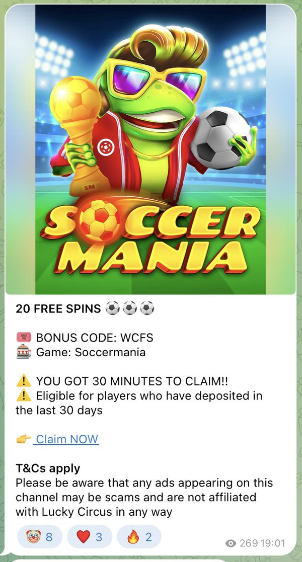 Lucky Circus Telegram-Freispiele Telegram-Post von Lucky Circus mit 20 Gratis-Freispielen und Bonuscode fuer Soccermania